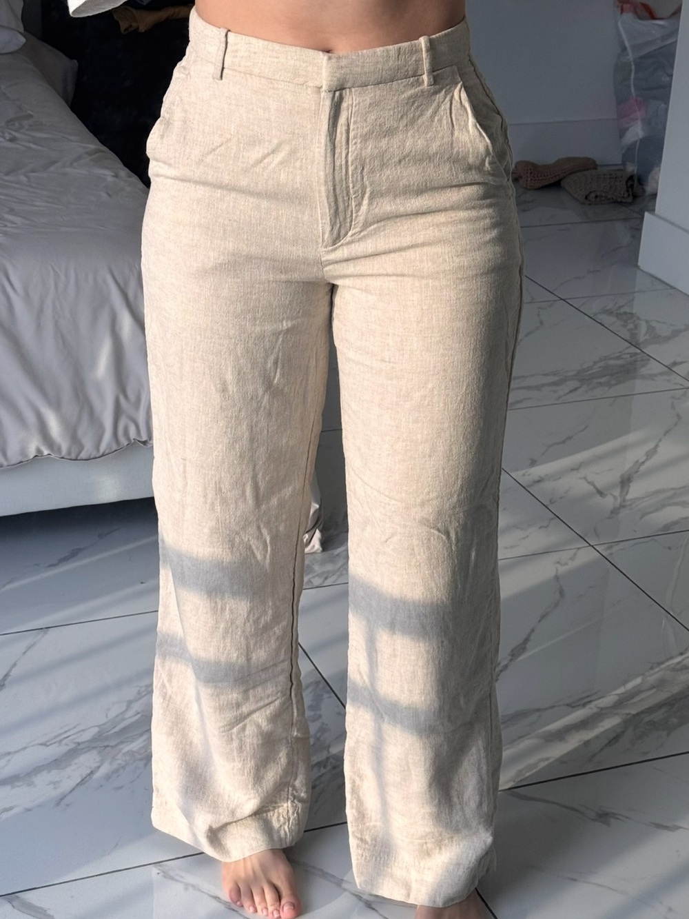 Abercrombie & Fitch Cream Wide-Leg Linen-Blend Tailored Pants